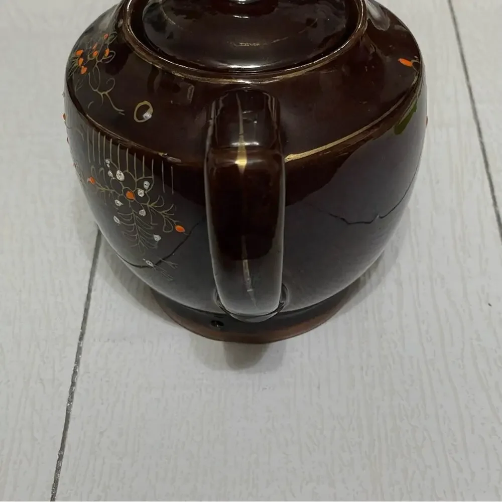 Vintage Hand Painted Japan Brown Floral Ceramic Teapot